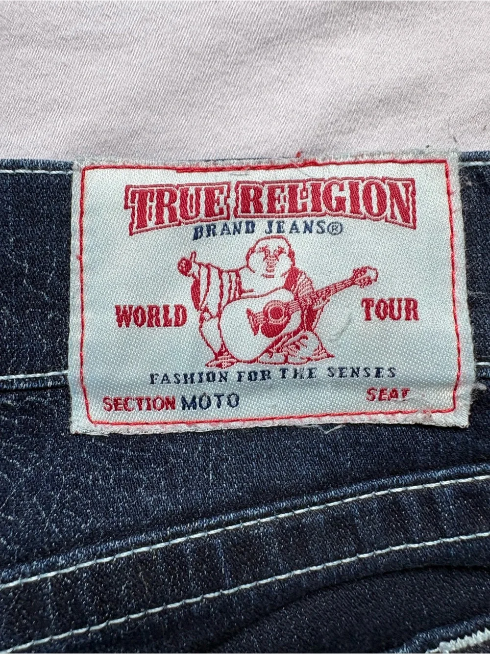 True Religion Moto Skinny Jeans Mens 34 Indigo Biker Run Stitch Dark Wash